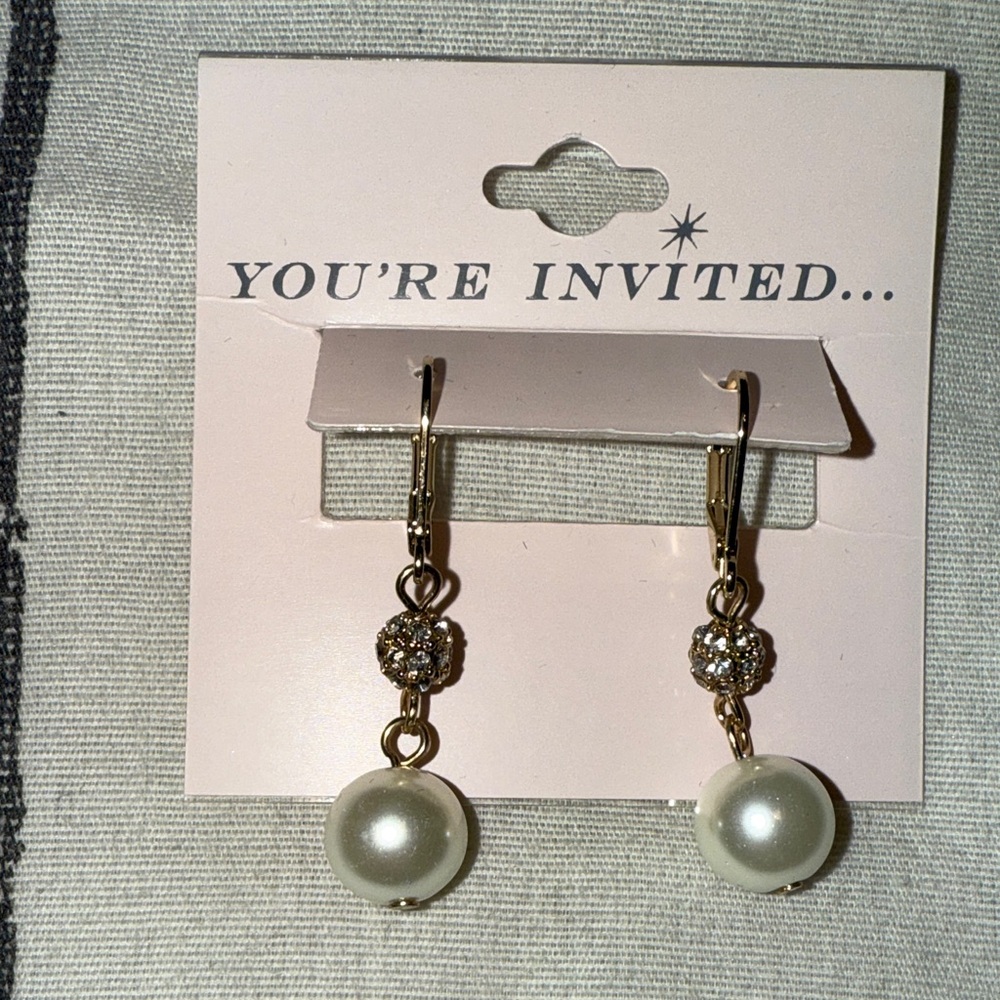 Gold-Tone Pearl Drop Earrings with Crystal Accents